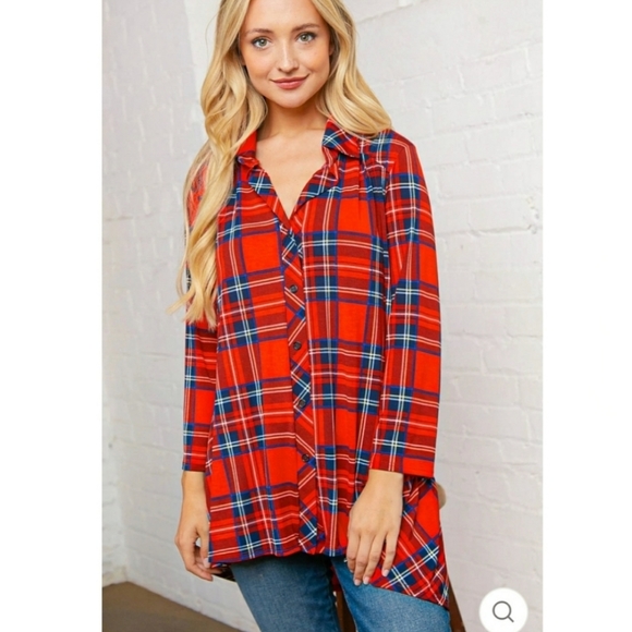 Red & Navy Faux Button Down Blouse - Picture 5 of 10